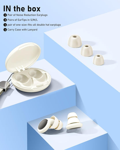 Ear Plugs for Sleeping Noise Cancelling with Double Tips, Noise Reduction Earplugs Silicone Concert Ear Plugs for Snoring, Travel, Concerts, Working, with 8 Eartips in S/M/L/Double Tips (White, One Size)