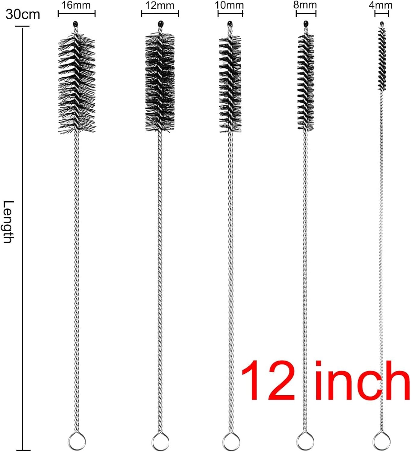 Pipe Straw Cleaner Brush 12 inch Long, 10 PCS Set Bristles Diameter(4+8+10+12+16mm) for Cleaning Straw, Pipe, Sippy Cup, Bottle and Tube