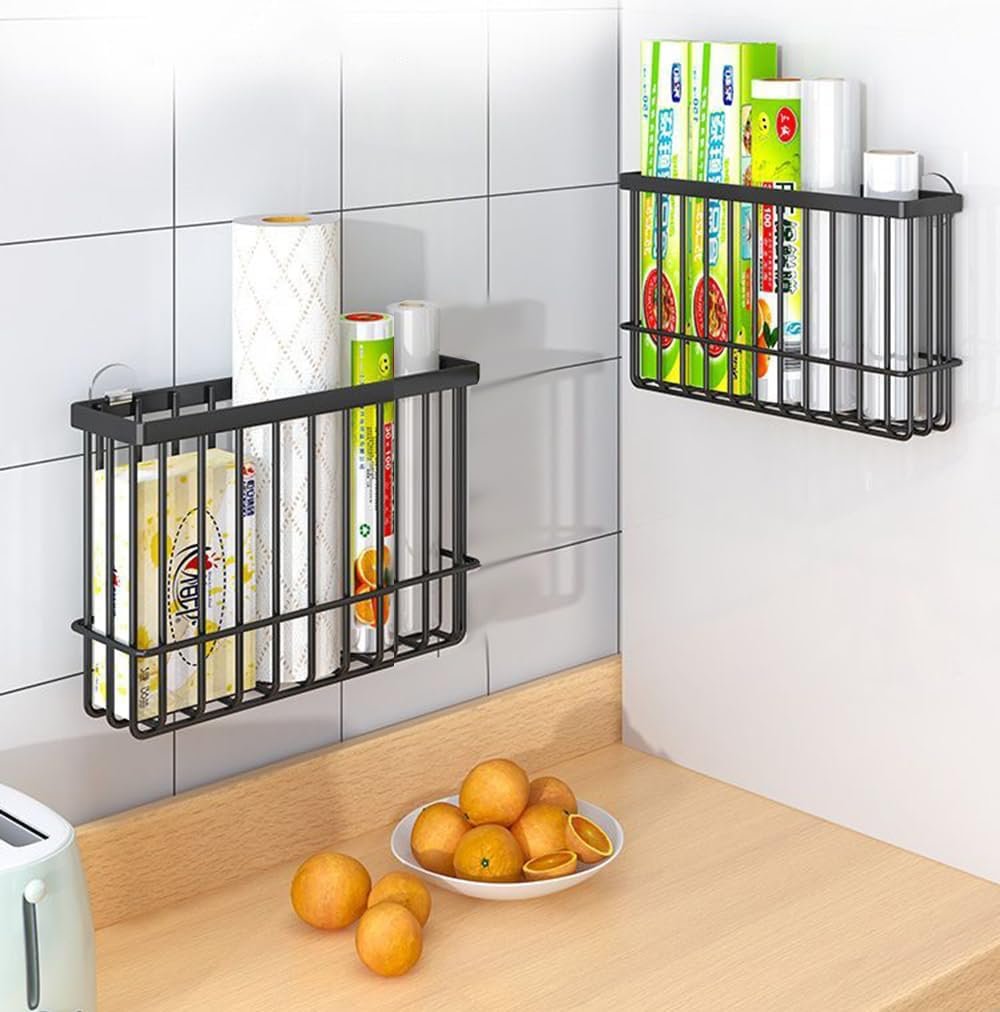 EigPluy 2 Pieces Kitchen Cabinet Door Storage Box, Self-Adhesive Storage Box, Wall Mounted Metal Storage Boxes,Cabinet/Bathroom/Fridge Small Items Organiser Storage Box (Black)