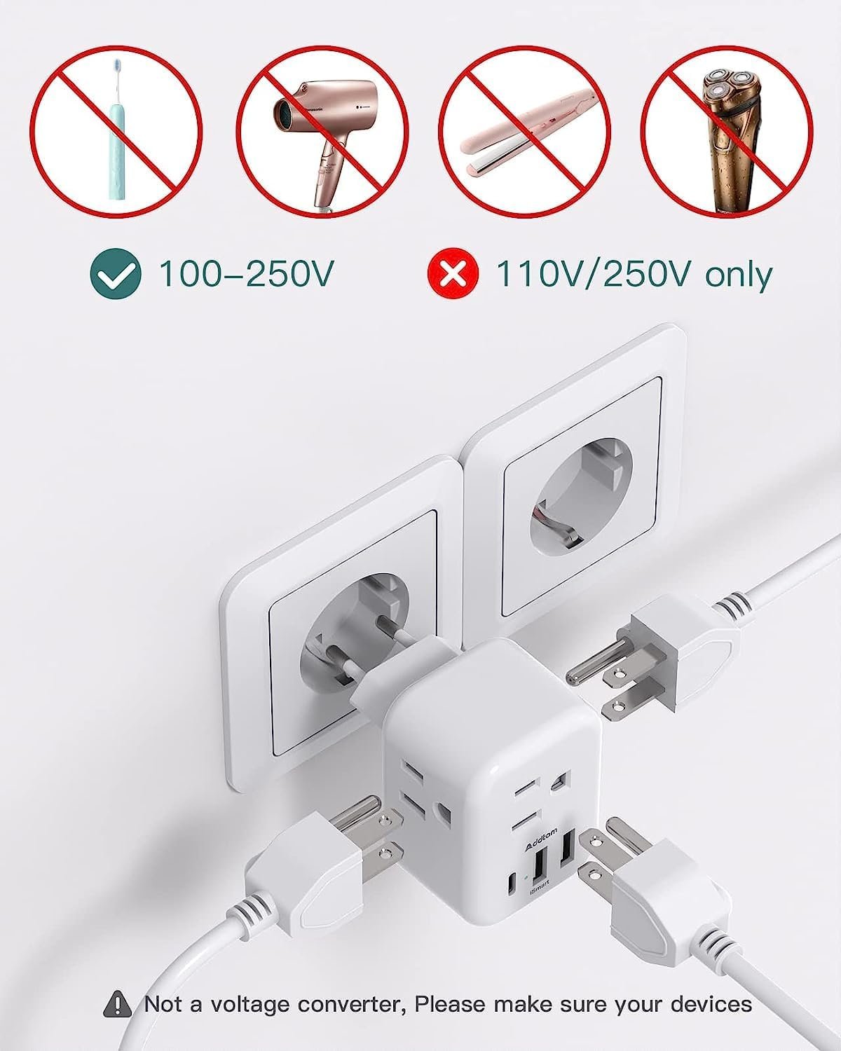 European Travel Plug Adapter, International Power Plug Adapter with 3 Outlets 3 USB Charging Ports(1 USB C), Travel Essentials to Italy,Greece,Israel,France, Spain (Type C)