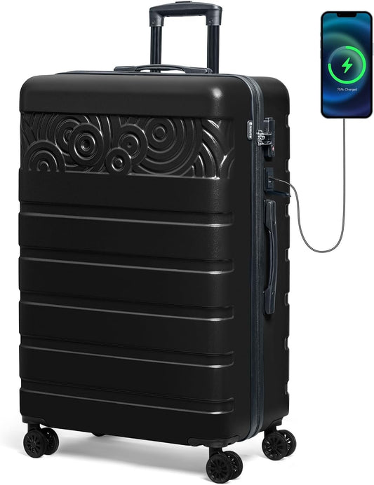 Krute Luggage PC ABS Suitcase for Travelling,Hard Shell Checked Luggage with USB Charging Port & TSA Lock Lightweight 28-Inch Black
