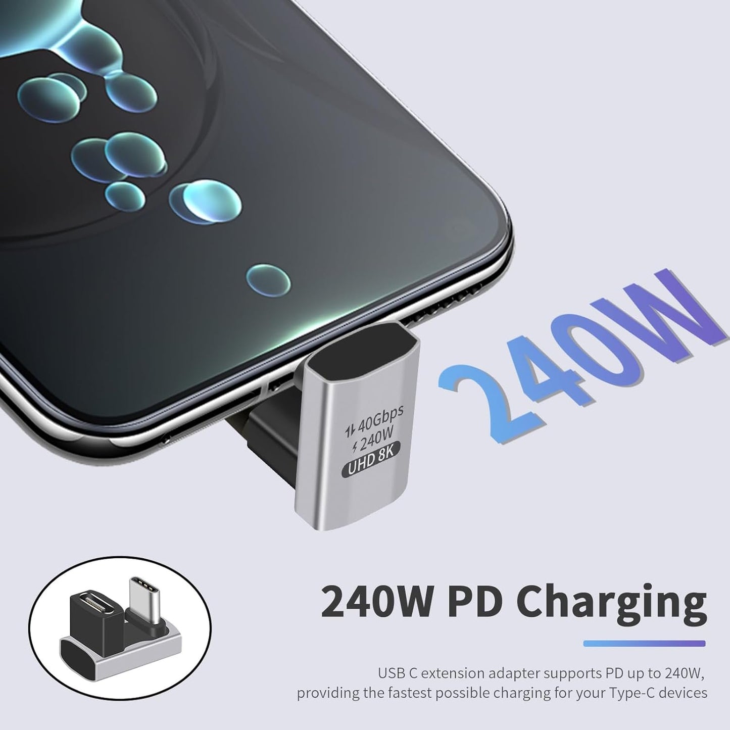 Duttek USB C U Adapter (2 Pack) USB C 180 Degree Adapter Support 40Gbps Data Transfer, 240W Charging and 8K Video, USB C Angle Adapter Compatible for Thunderbolt 4/3, Switch, MacBook, Laptop, Tablet