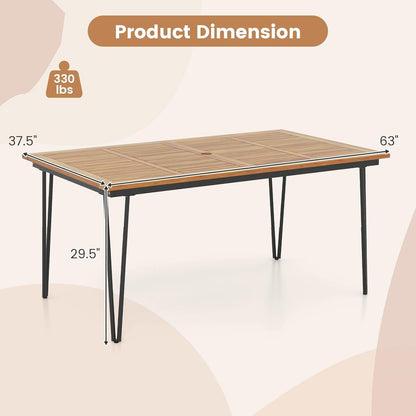 Tangkula 63-Inch Outdoor Dining Table, Patio Dining Table for 6 People w/Acacia Wood Tabletop & Metal Legs, Rectangular Wood Table w/Umbrella Hole for Patio, Yard, Garden & Deck