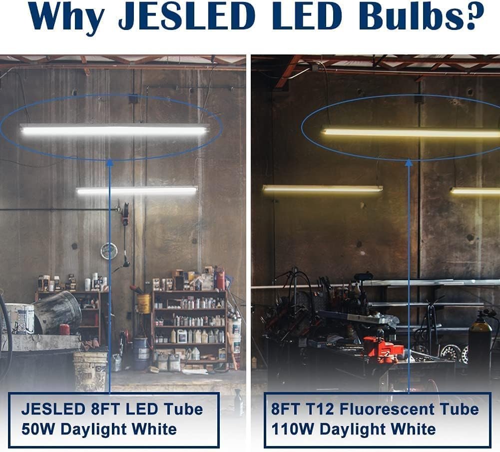 JESLED 8FT LED Bulb 50W, 130W Equivalent 8 Foot Single Pin Fa8 LED Tube Lights, Clear Cover, 5000K Daylight, 6000 Lumens, T8 T10 T12 96'' Fluorescent Light Replacement, Ballast Bypass (12-Pack)