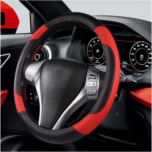 XINLIYA Leather Car Steering Wheel Cover, Universal 15 Inch for Car Truck SUV, Non-Slip and Breathable, Sport Style Design Odorless Steering Wheel Protector, Automotive Interior Accessories（Red）