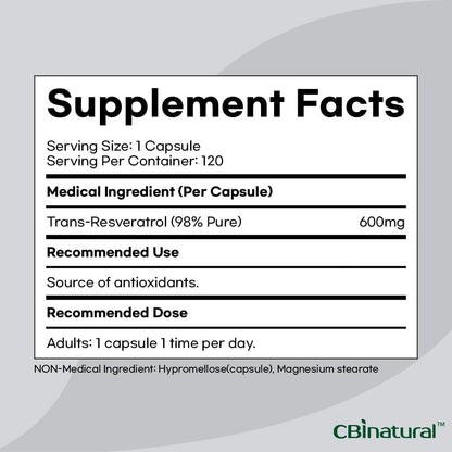 Trans-Resveratrol (98% Pure) 600 mg, 120 Vegan Capsules, 4-Month Supply