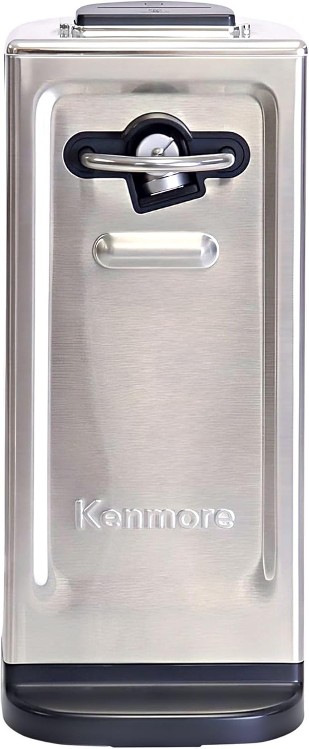 Kenmore Electric Can Opener - Extra-Tall, Smooth-Touch Side-Cut Blade, Safe Storage, Automatic Operation, Opens Regular & Pop-Top Cans, Camping Tool, Kitchen Gadget, Secure Grips, Black & Steel