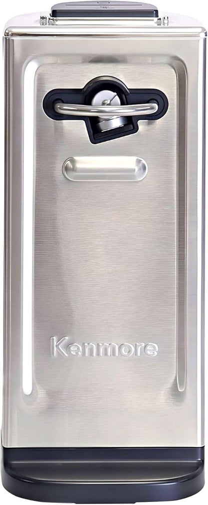 Kenmore Electric Can Opener - Extra-Tall, Smooth-Touch Side-Cut Blade, Safe Storage, Automatic Operation, Opens Regular & Pop-Top Cans, Camping Tool, Kitchen Gadget, Secure Grips, Black & Steel