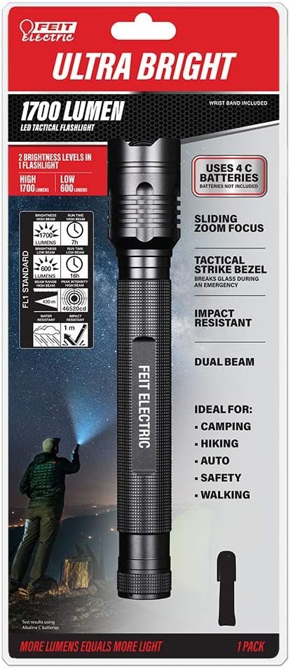 Feit Electric LED Tactical Flashlight - Aluminum Alloy - Zoomable Strike Bezel; Illuminate up to 1,000 feet - Adjustable Brightness 600 to 1700 Lumen | Requires 4-C Batteries
