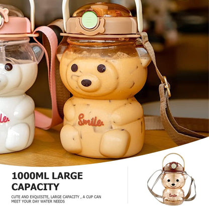 YOLUFER Kawaii Transparent Water Bottle Cute Bear Water Bottles with Straw Water Bottle with Adjustable Shoulder Strap Drinking Cups for Sports Camping Picnic Hiking Travel (35oz) (Coffee)