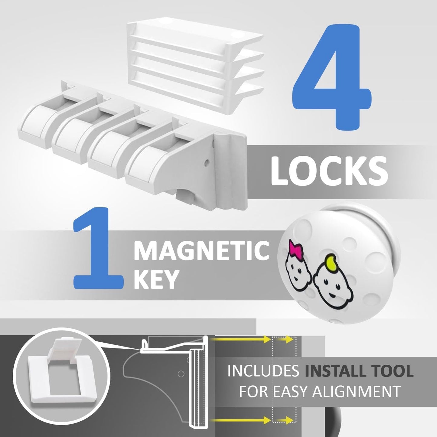 Magnetic Cabinet Locks with Adhesive, Easy Installation Tool - Child Proof Drawers - No Tools Or Screws Needed - Jool Baby (Standard, 4.0, Pack)