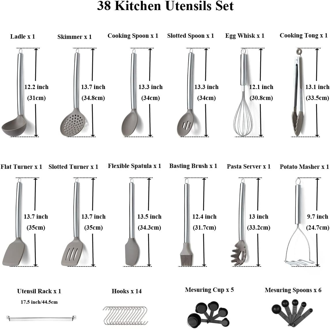 38 Pieces Kitchen Utensil Set with Utensil Holder, Silicone Head and Stainless Steel Handle Pots, Kitchen Utensils, Non-Stick Kitchen Gadgets, Dishwasher Safe (Silver)
