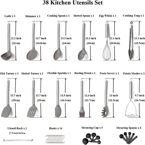 38 Pieces Kitchen Utensil Set with Utensil Holder, Silicone Head and Stainless Steel Handle Pots, Kitchen Utensils, Non-Stick Kitchen Gadgets, Dishwasher Safe (Silver)