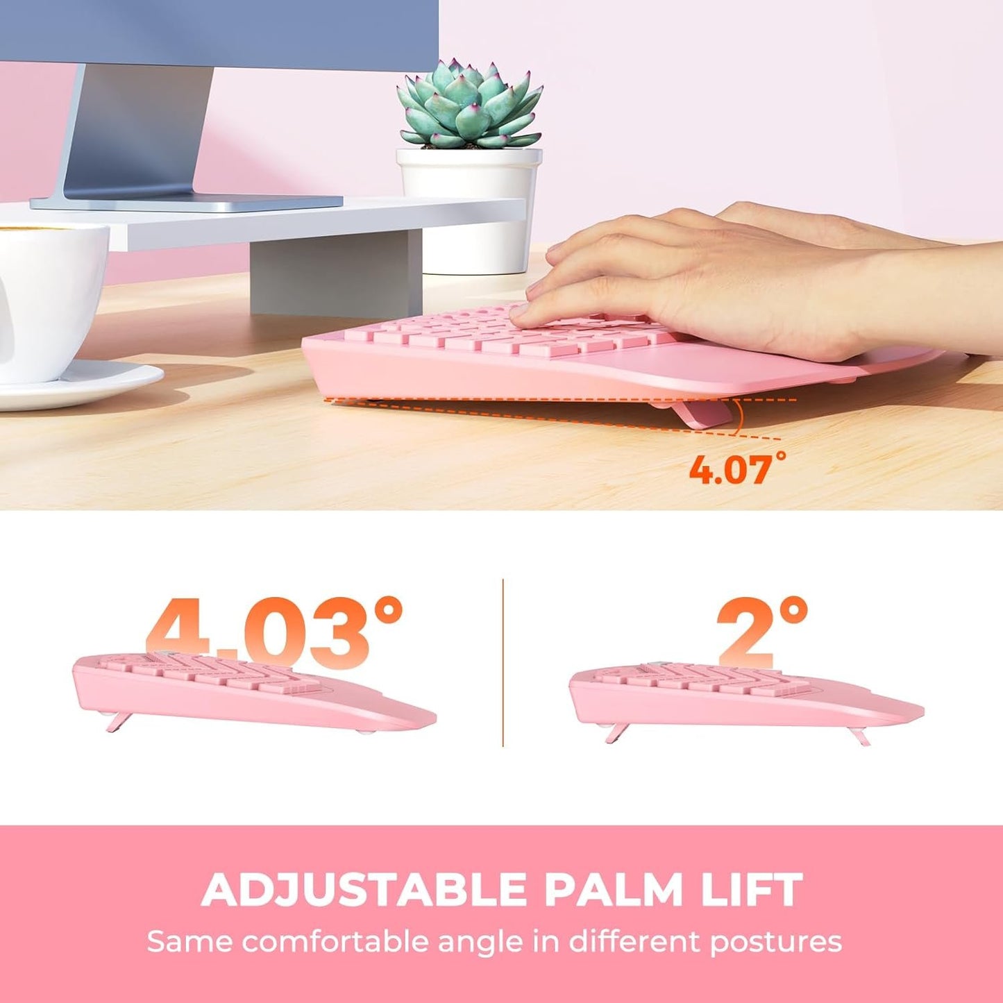 MEETION 2025 Upgrade Pink Ergonomic Keyboard and Mouse, Multi-Device Bluetooth/2.4G Keyboard, 3 DPI Adjustable Wireless Mouse, Full-Sized Rechargeable Cordless for PC/Computer/Laptop/Window