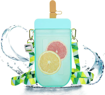 Popsicle Water Bottle with Strap, Creative Kawaii Water Bottle with Straw for Kids Transparent Water Jug Juice Drinking Cup Suitable for Camping Outdoor Travel Kids School 300ML