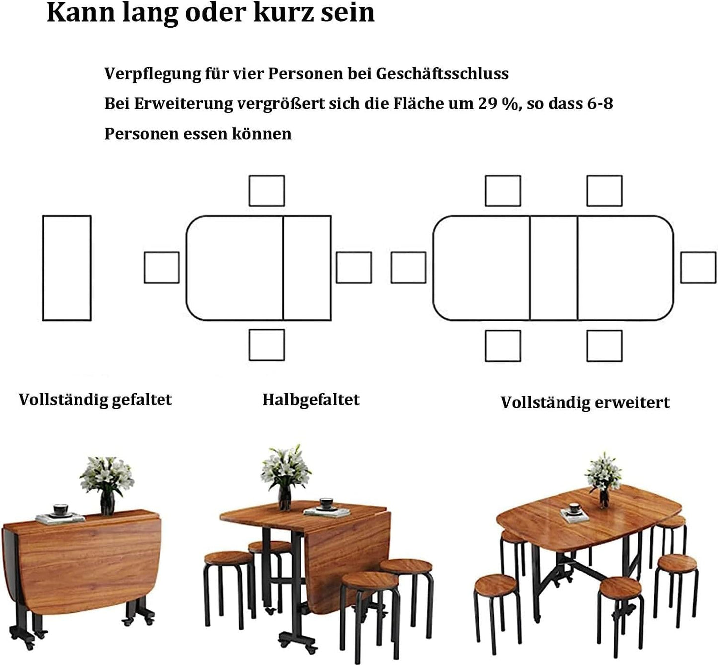 RAYACO Modern Rectangular Drop-Leaf Foldable Dining Table, 120*70cm, Brown