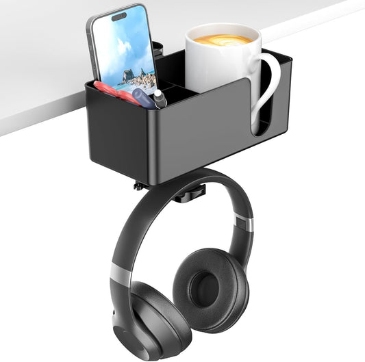 KDD 4 in 1 Desk Organizer - Under Desk Headphone Hook with 2 Wire Holes - Rotating Headphone Hanger and Detachable Storage for Cup, Phone and Pen(Black)