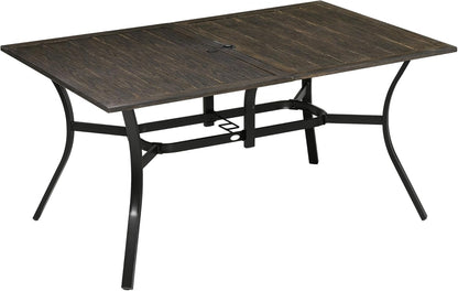 Outsunny 59 Inch Outdoor Dining Table for Six, Patio Table with Parasol Hole, Wood Grain Tabletop, Steel Frame, for Backyard, Garden, Balcony, Deck, Brown