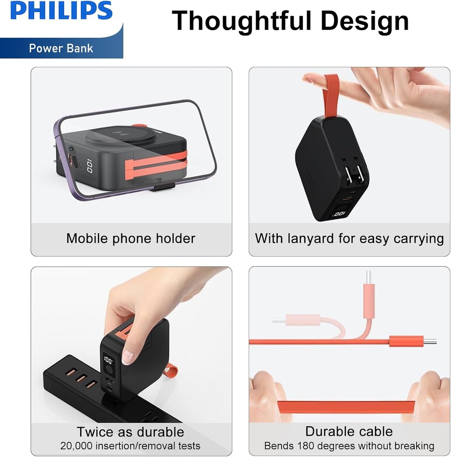 PHILIPS Power Bank Wireless 10000mAh 22.5W Powerbank Built-in Cable 10 in 1 Portable Battery Pack, Magnetic Universal Travel Fast Charging Adapter (UK,EU,AU) Compatible with MagSafe iPhone 16 MBlack