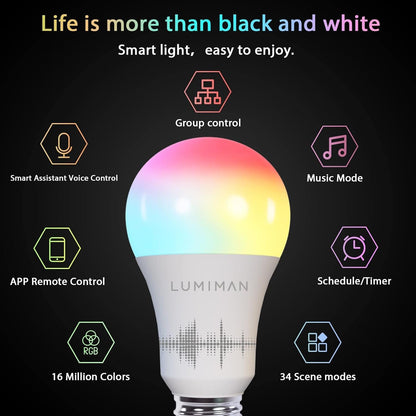 LUMIMAN Smart Light Bulb, Color Changing Smart Bulb Works with Alexa Google Home Smart Life App, RGB 16 Million Music Sync,2700K-6500K 800LM 60W Eqv., No Hub Required, 4 Pack