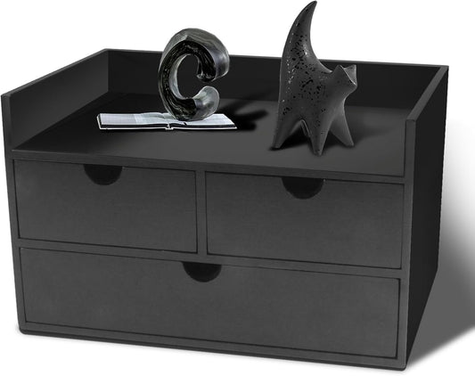 Charmewooden desk organizer with drawers countertop drawer organizer Tabletop Storage Organization Box Home Office Workspace Bathroom Toiletries Supplies (black with shelf)