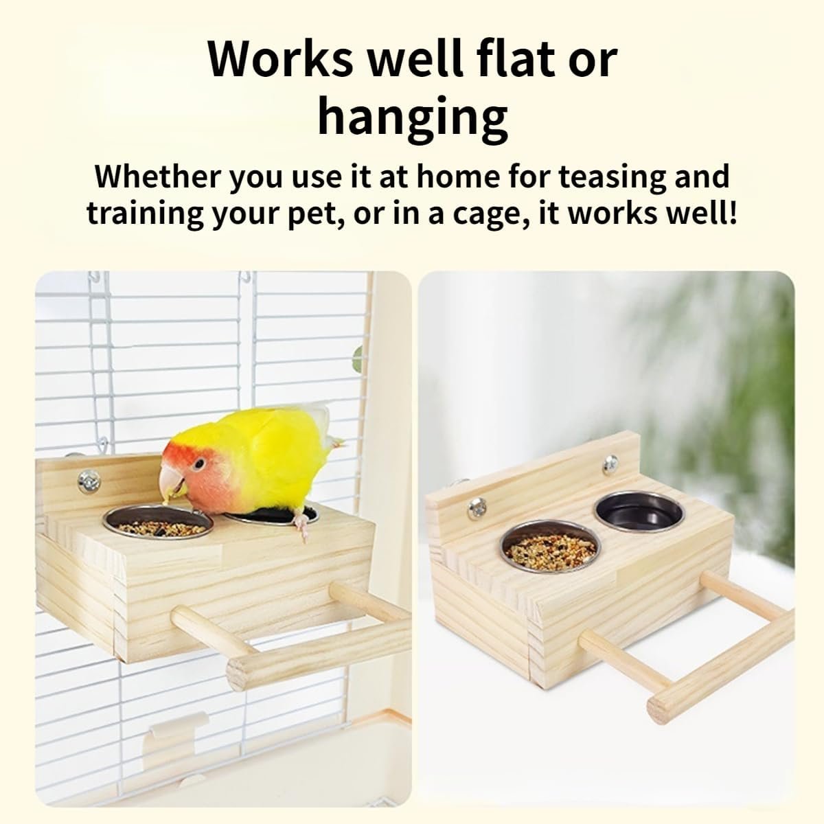Bird Food Stainless Steel Cups Wooden Perch Stand Hanging Feeder Bowls Feeding and Watering Supplies for Parakeets Conures Cockatiels Budgie Parrot (with Three Cups)