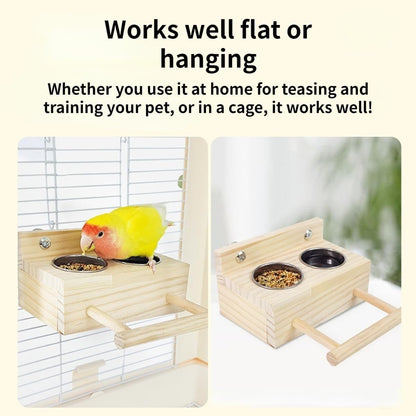 Bird Food Stainless Steel Cups Wooden Perch Stand Hanging Feeder Bowls Feeding and Watering Supplies for Parakeets Conures Cockatiels Budgie Parrot (with Three Cups)