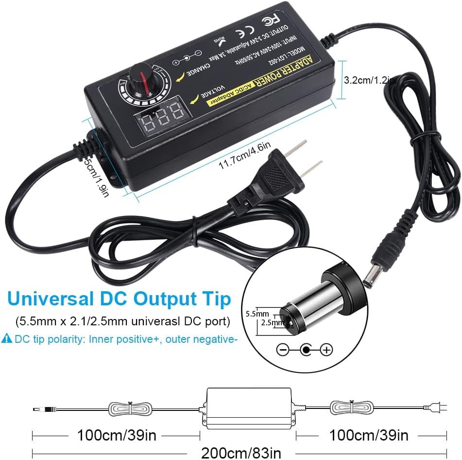 72W Power Supply Adjustable DC 3V ~ 24V Variable Universal Switching AC/DC Adapter 100V-240V AC to DC Converter with 14 Tips & Polarity Converter, for 3V to 24V Household Electronics - 3000mA