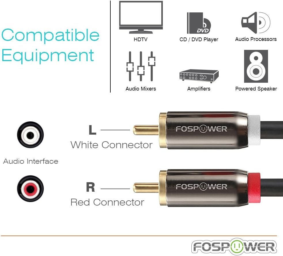 FosPower RCA Y-Adapter (6 Feet) 1 RCA Male to 2 RCA Male Audio Adapter Cable - Dual Shielded | 24K Gold Plated
