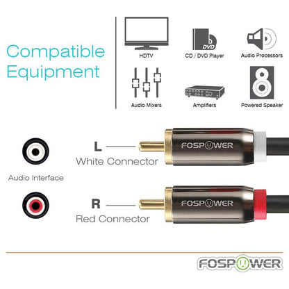 FosPower RCA Y-Adapter 1.8 Meter (6FT) 1 RCA Male to 2 RCA Male Audio Adapter Cable - Dual Shielded | 24K Gold Plated