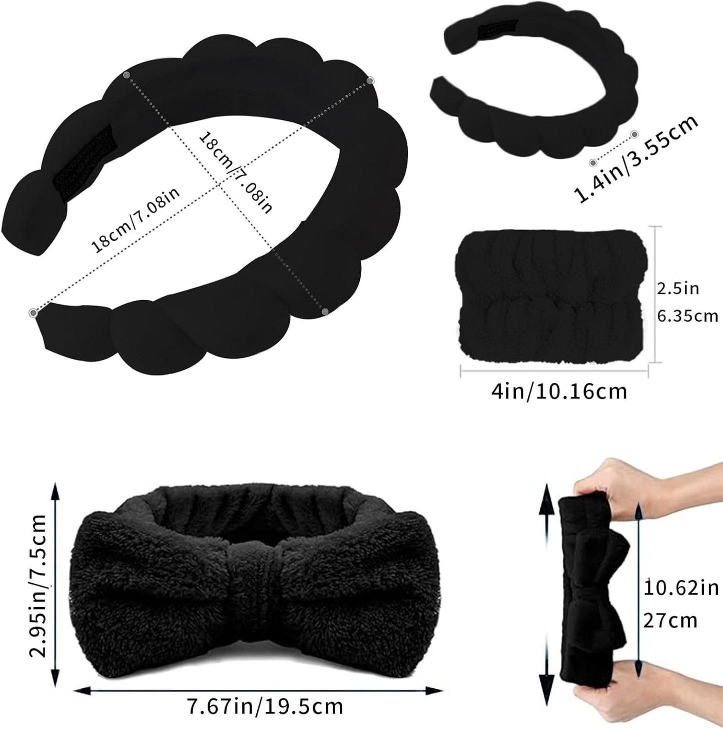 Spa Headbands for Women, 4 Pcs Makeup Headband for Washing Face Soft Hair Band Skincare Headbands for SPA Shower Sponge Headbands Wristbands (Black)