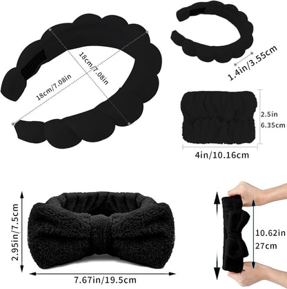 Spa Headbands for Women, 4 Pcs Makeup Headband for Washing Face Soft Hair Band Skincare Headbands for SPA Shower Sponge Headbands Wristbands (Black)