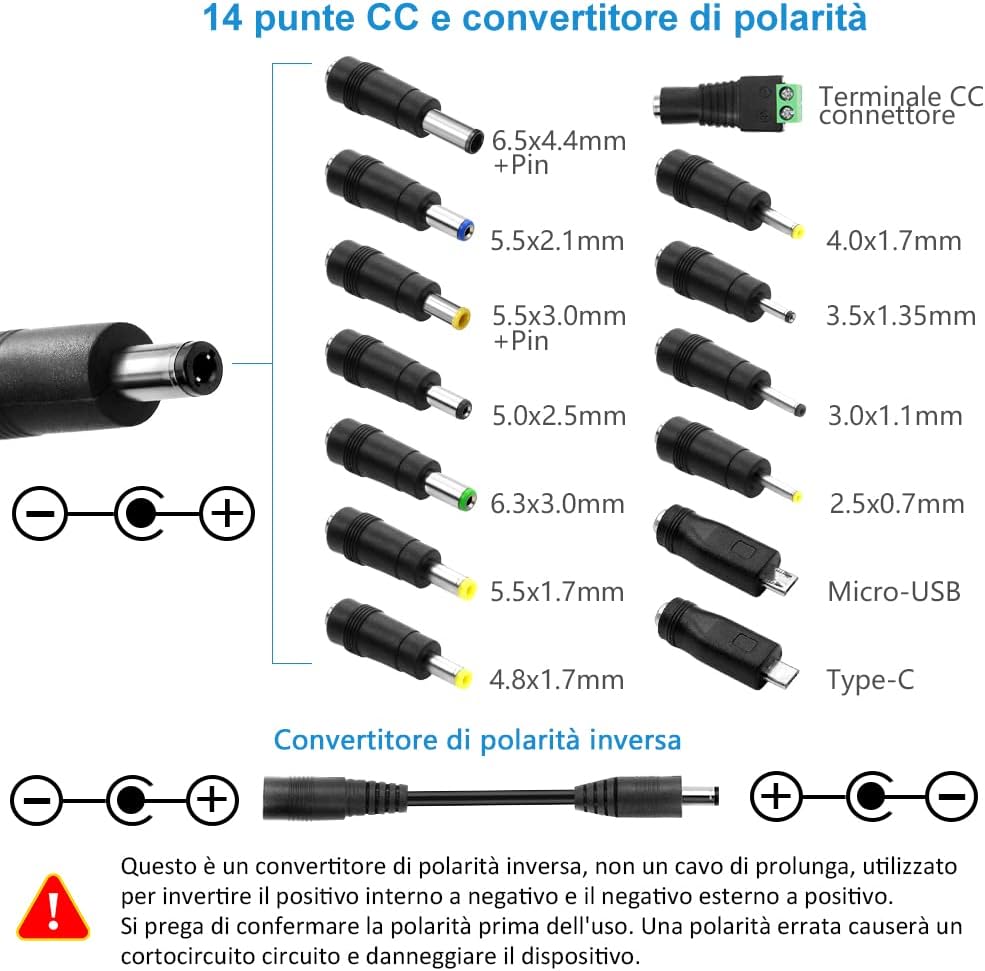 SHNITPWR Alimentatore universale da 3,5V ~ 24V, 48W, 2A, AC/DC, con 14 connettori adattatori, per dispositivi elettronici da 3,5 V a 24V, cornice per fotocamera per baby monitor e strisce LED, ecc.