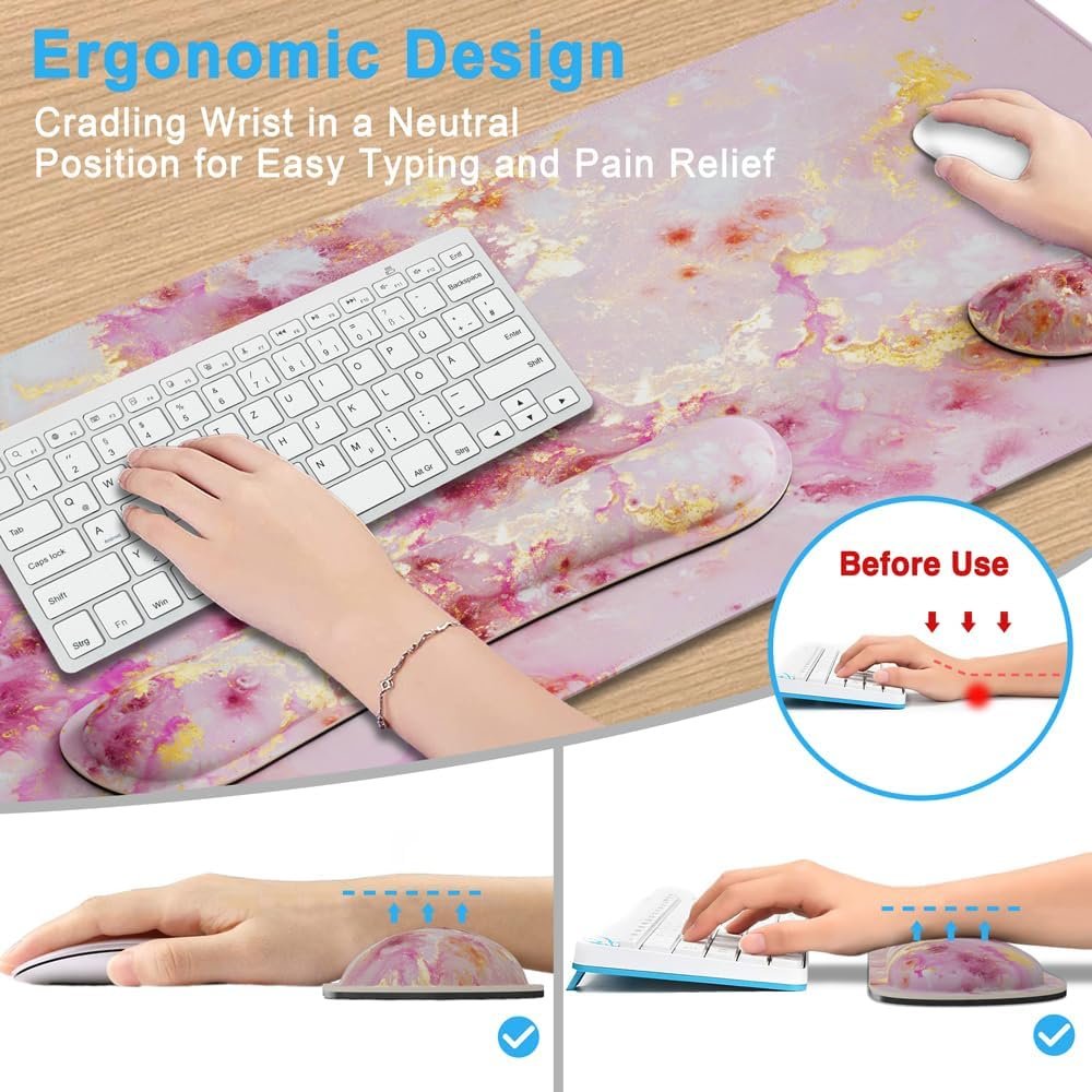 4 in 1 Extended Mouse Pad Set, Keyboard Wrist Rest Support Mouse Wrist Cushion Cute Coaster, Memory Foam Ergonomic Easy Typing, Large Desk Pad Set for Home Office Game(Pink Gold Marble)