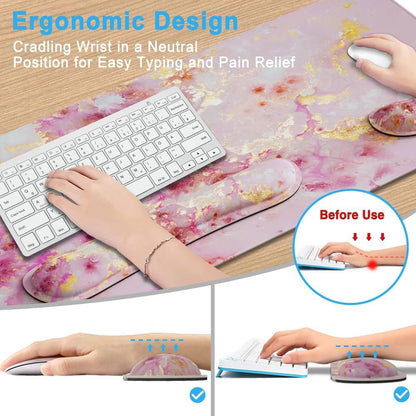 4 in 1 Extended Mouse Pad Set, Keyboard Wrist Rest Support Mouse Wrist Cushion Cute Coaster, Memory Foam Ergonomic Easy Typing, Large Desk Pad Set for Home Office Game(Pink Gold Marble)