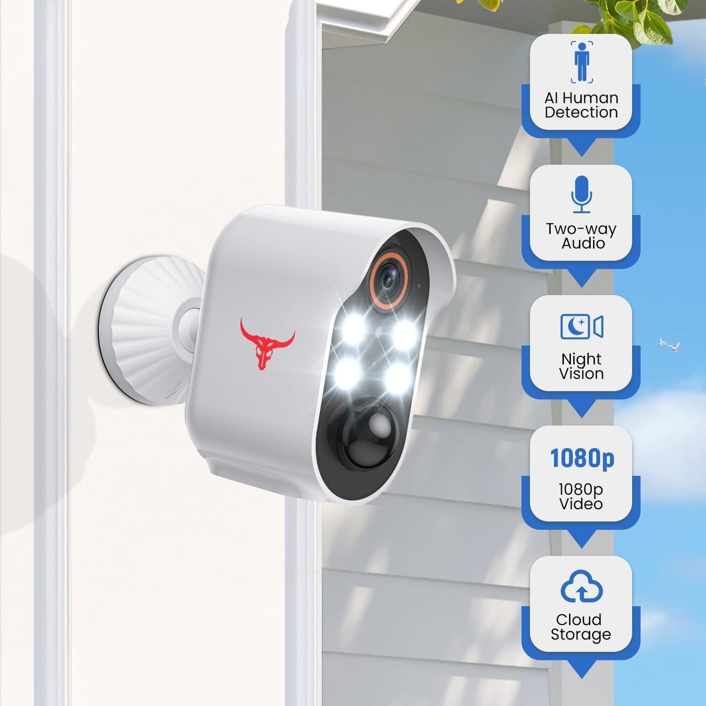 Aiwit 1080p Wireless Security Camera, Indoor/Outdoor Surveillance Bullet Cam, Live View, AI Human Detection, Night Vision, 2-Way Audio, Cloud Storage (4 Spotlights)