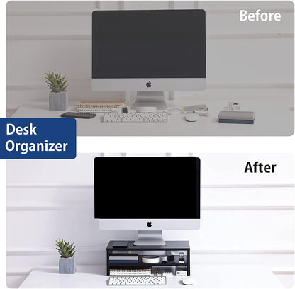 FITUEYES Computer Monitor Stand 16.7 inch 2 Tiers Laptop Riser with Storage Shelf Wooden Desk Organizer for Home Office Use, Black DT204201WB