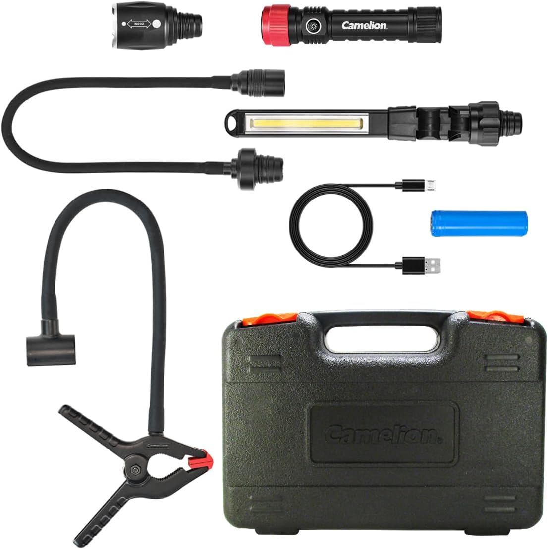 Camelion 3-in-1 LED Flashlight Kit - Rechargeable Flashlight, Work Light, and Flexible Light. Interchangeable Heads, 600 lm, 5 Light Modes, Magnetic Base, Waterproof, for Home, Outdoor, and Emergency