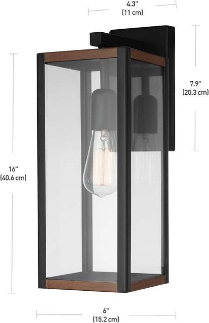 Globe Electric 44681 1-Light Outdoor Indoor Wall Sconce, Matte Black, Faux Wood Accents, Glass Shade, Wall Lighting, Porch Light, Wall Lights for Bedroom, Kitchen Sconces Wall Lighting, Home Décor