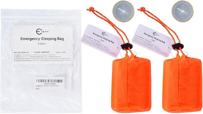 Esky Emergency Sleeping Bag, 2 Pack Portable Survival Thermal Bivy Sack, Waterproof Lightweight Survival Shelter Blanket Bags with Compass for Camping Hiking Outdoor Adventure