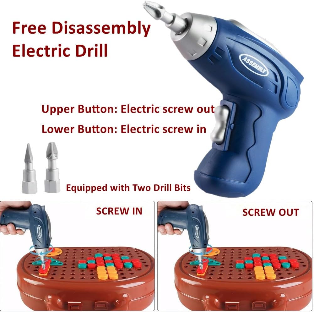 Montessori Toys Tool Set Play Toolbox for Boys Ages 3-12 Years Old, Bear Tool Box Fine Motor DIY STEM Toy, Puzzle Game Toy Set with Electric Drill Screw Tool Set, Creative Kids