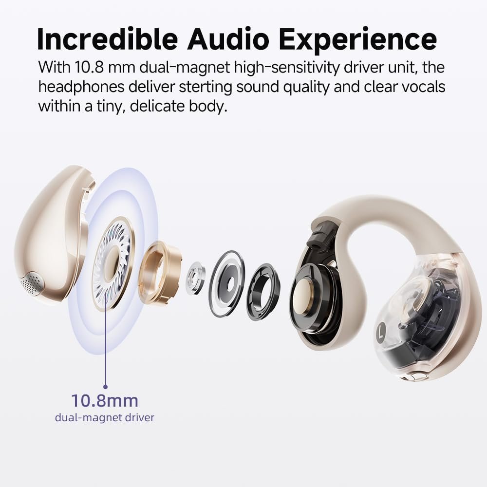 QCY Crossky C30 Open Ear Headphones Wireless Bluetooth, Clip-On Earbuds with 4 ENC Noise Cancelling Mic, Stable Fit, Dual Connection, EQ Customized, Sports Earphones for Workout/Running