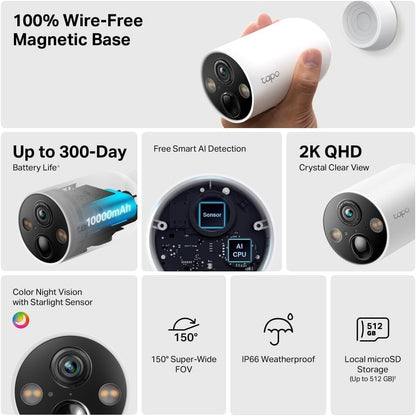 TP-Link Tapo Smart Wire-Free Indoor/Outdoor Security Camera, AI Detection, 10000mAh Battery, 2K QHD, Color Night Vision, 150Â° Super Wide FOV, IP66, Tapo Solar Panel Supported (Tapo C425(4-pack)V1.20)