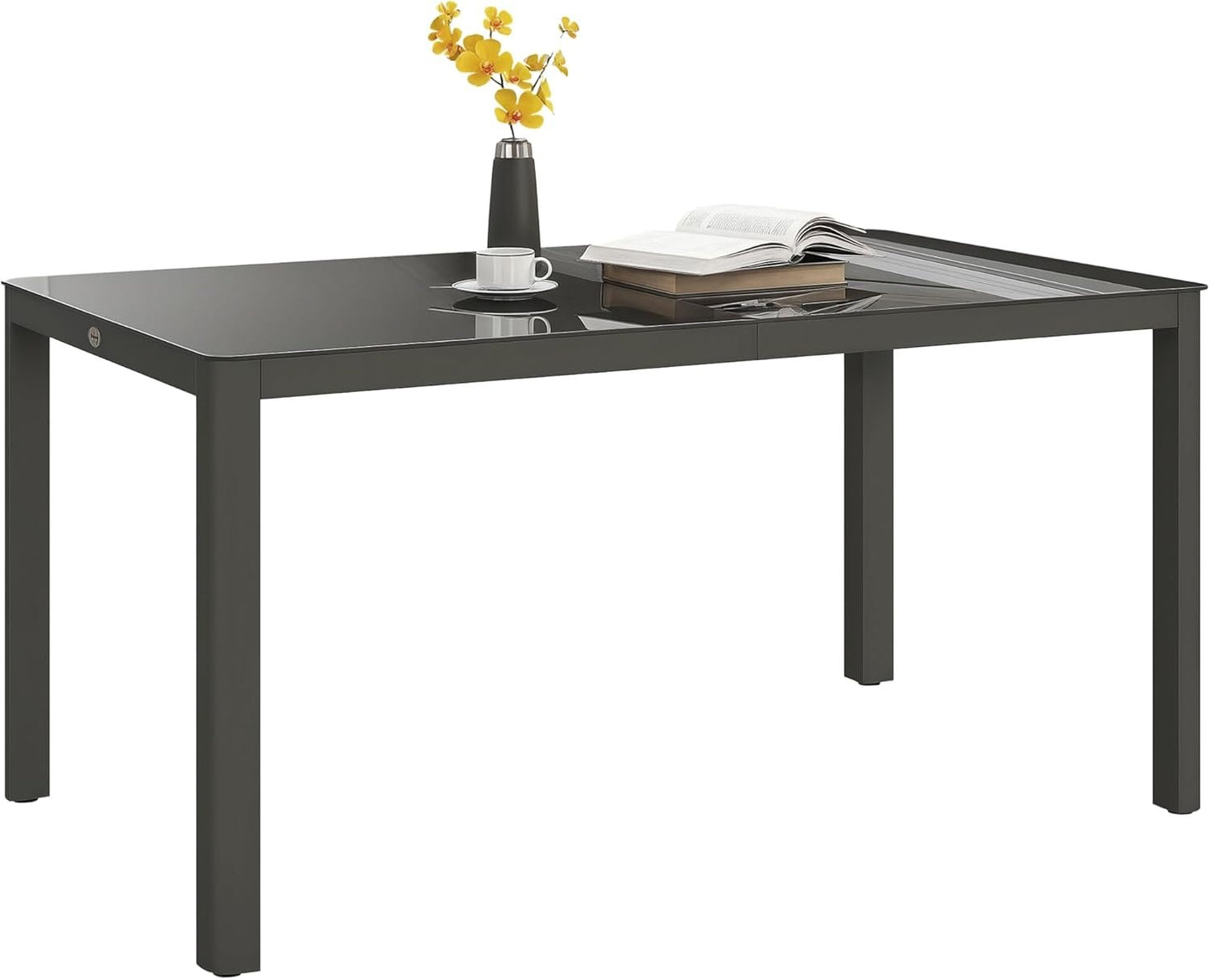 Outsunny Outdoor Dining Table for 6 People, 59" x 35" Rectangular Aluminum Patio Table with Tempered Glass Top and Height-Adjustable Feet for Garden, Balcony, Porch, Deck, Grey