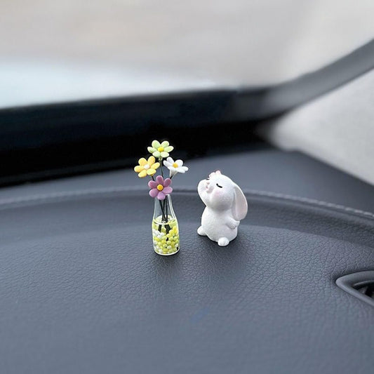Generic Set of 2 Cute Mini Bunny and Daisy Flower Vase Car Rearview Mirror Ornaments Funny Dashboard Decorations Kawaii Car Interior Accessories for Women Gifts