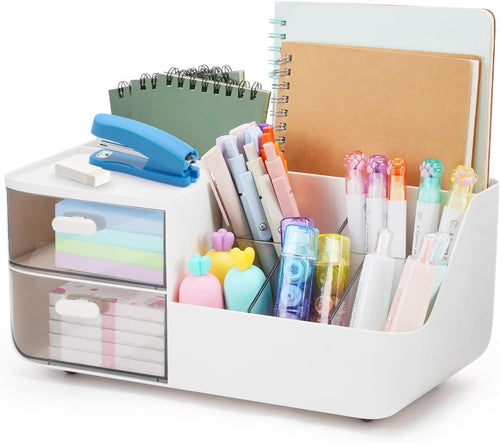 Witwatia Desk Organizer with 2 Drawer, Plastic Desk Organizers and Storage with 5 Compartments, Cosmetic Makeup Storage Box with 3 Pen Holder, Desktop Organization for Bathroom School Home Office