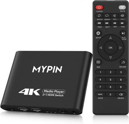 4K@30 Media Player with 2 in 1 Out HDMI Switch Function, 2 Port HDMI Switcher Splitter, Automatic Switch with Remote, Medie Player Supports Image, Music, Video Playback