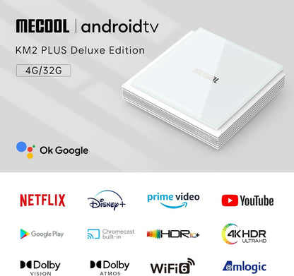 Android 11.0 TV Box, MECOOL KM2 Plus Deluxe, 4GB RAM, 32GB Storage, Netflix Certified, Google Assistant, Dolby Atmos Vision, AV1, HDR 4K, 2.4G/5.0G WiFi 6, BT 5.0, Amlogic S905X4