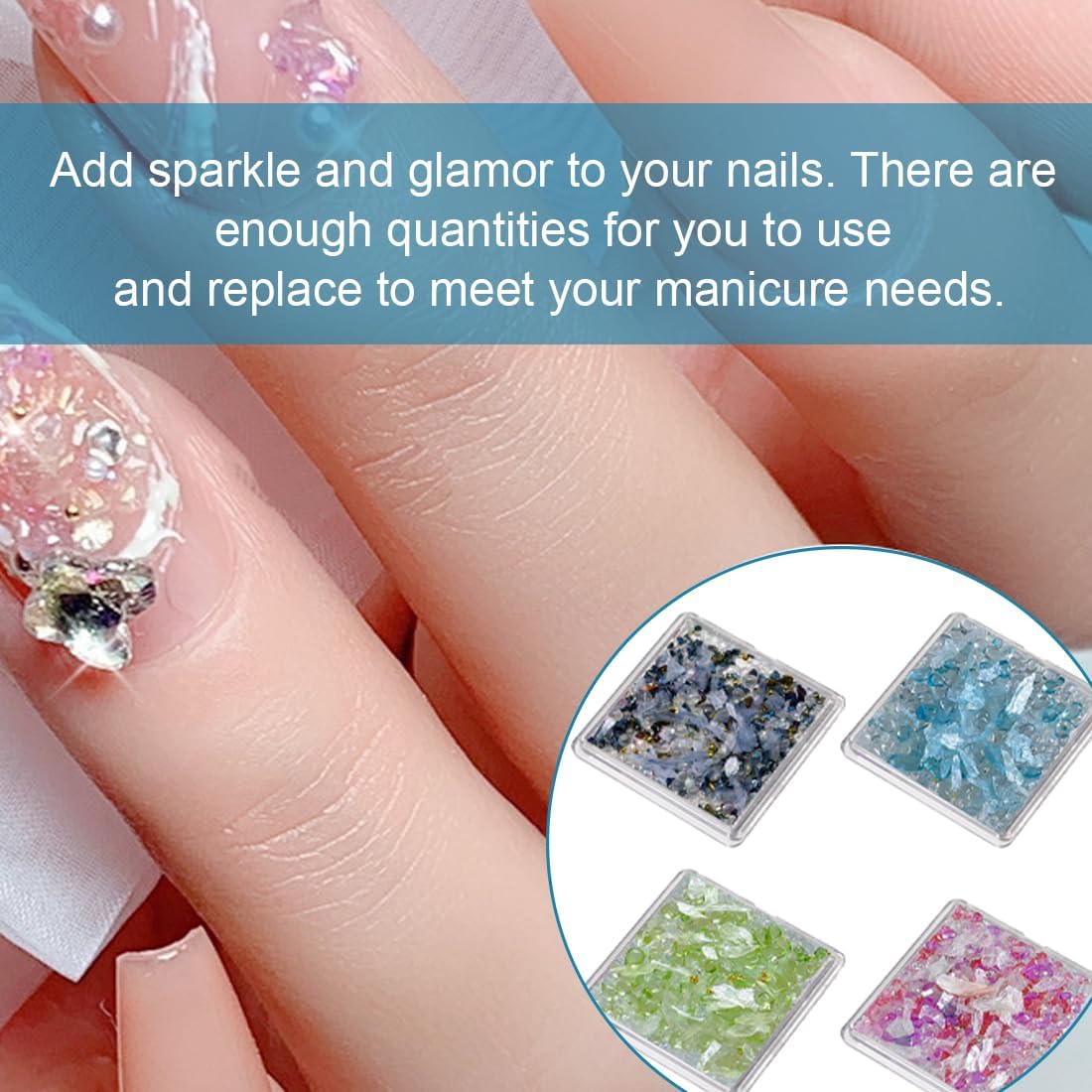 EIH 4 Pieces Nail Art Decorations, Crystal Rhinestones, Transparent Crystal, Crushed Shell Pieces, Natural Stone Decoration, 3D Nail Art, Nail Accessories, Glitter Make Up