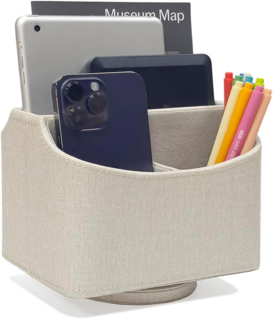 UnionBasic Rotating Desk Organizer, 360 Degree Desk Spinning Caddy, Desktop TV Guide/Mail/Media/Remote Controller Holder Organizer (Linen Texture Leather Beige)